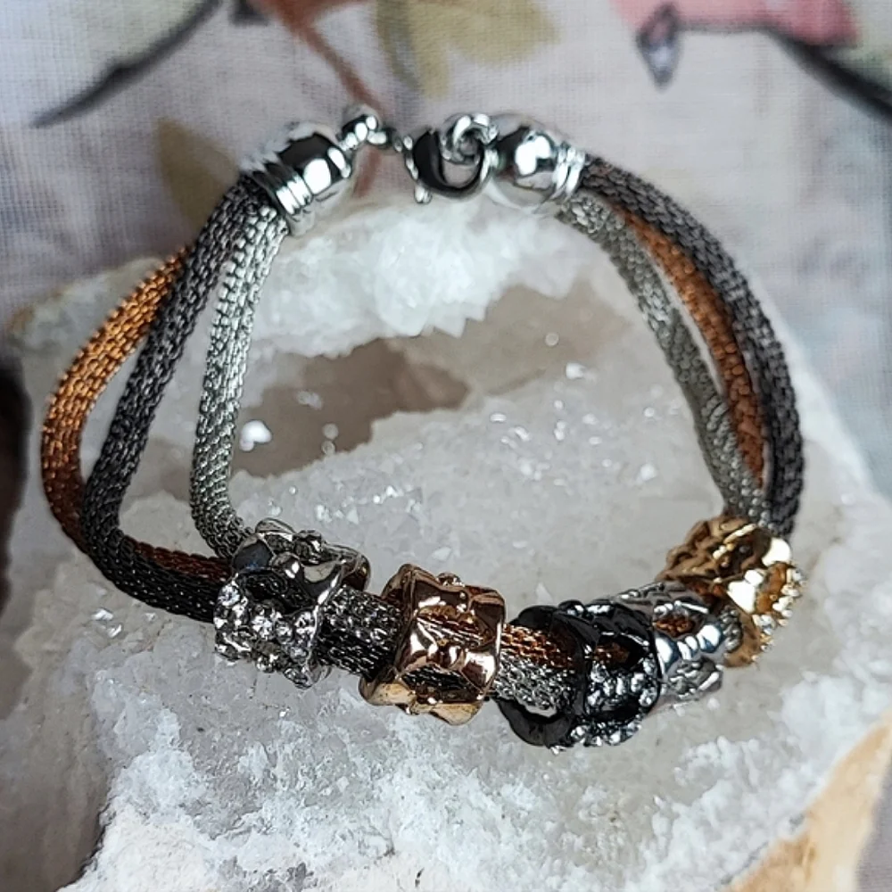 Multi Tri Colored Metal Mesh Tube Rhinestone Bracelet Gold Silver Tone Gunmetal